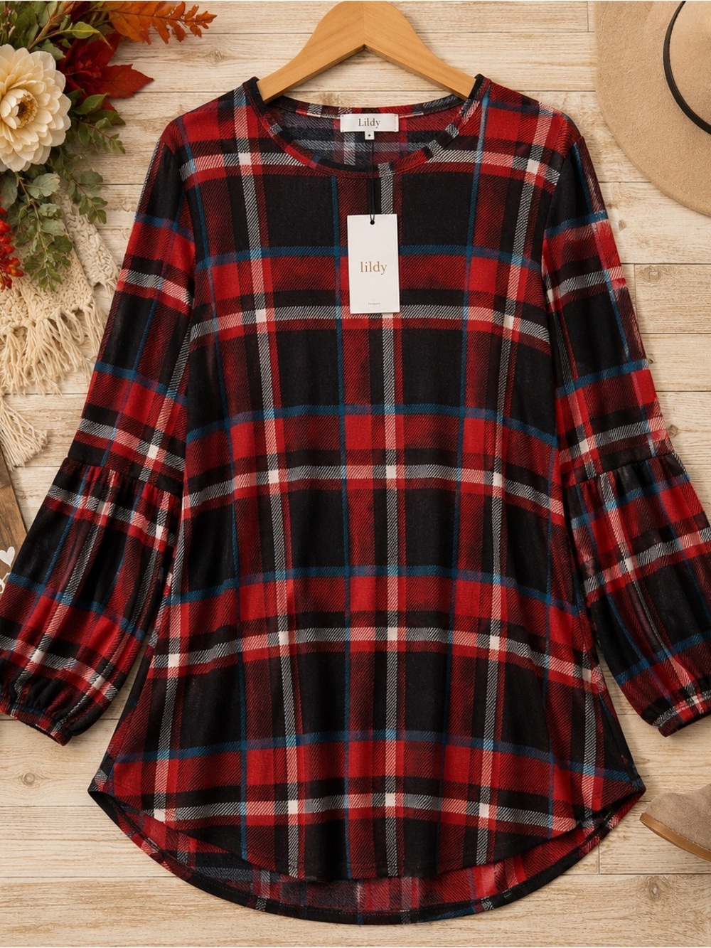 Lildy Plaid Tunic Top L/XL Red Black Bishop Sleeve NWT